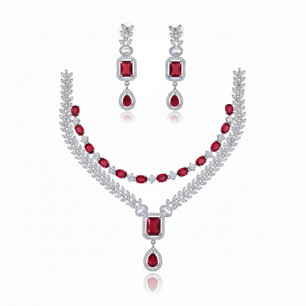 Grand Layered Leaf & Gemstone AD Bridal Set