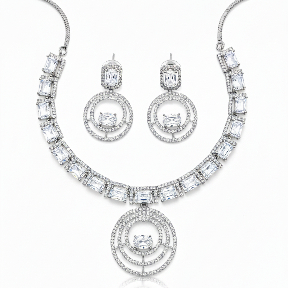 Modern Double Halo Gemstone AD Necklace Set