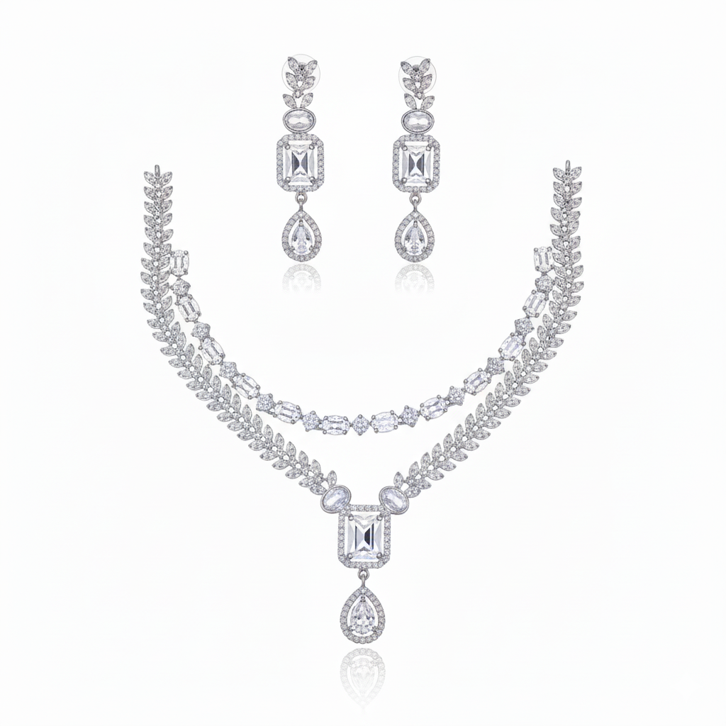 Grand Layered Leaf & Gemstone AD Bridal Set