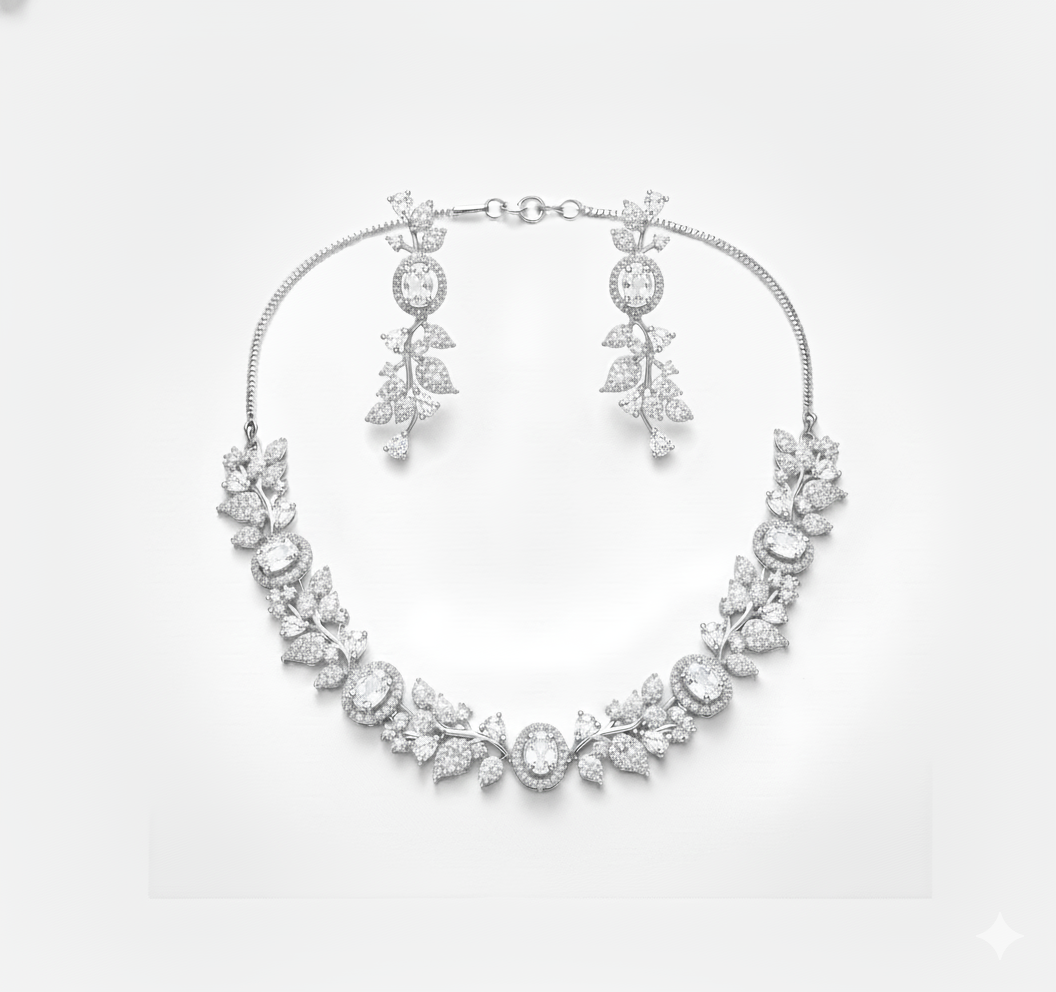 Elegant Leaf Vine AD Gemstone Necklace Set