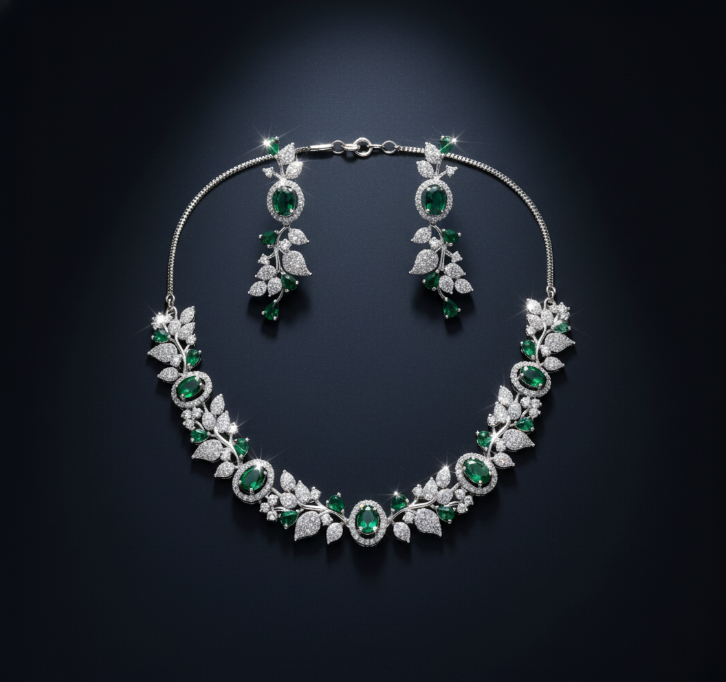 Elegant Leaf Vine AD Gemstone Necklace Set