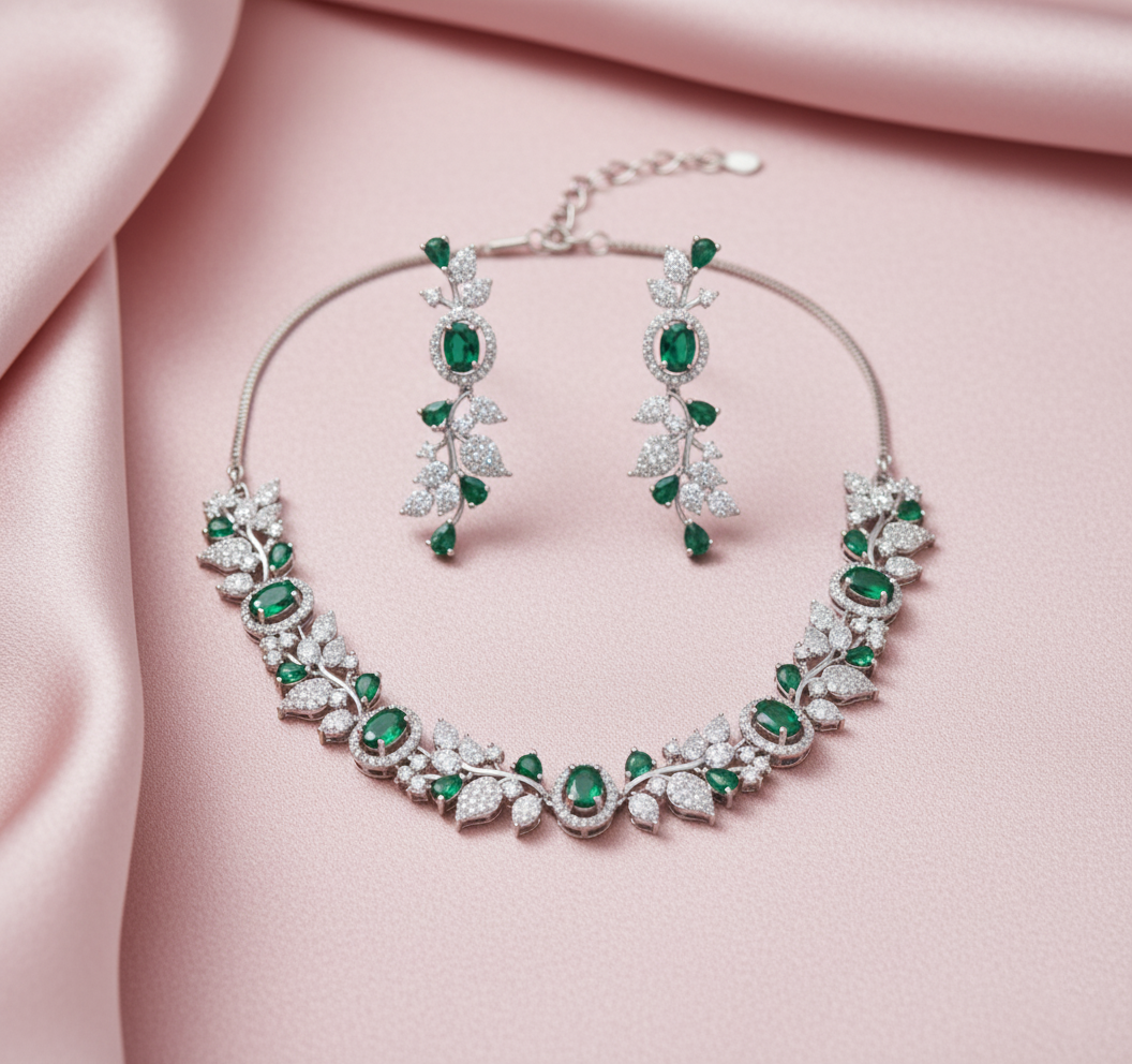 Elegant Leaf Vine AD Gemstone Necklace Set