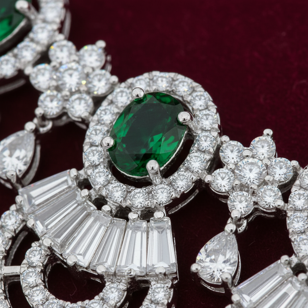 Grand Baguette AD Gemstone Halo Necklace Set