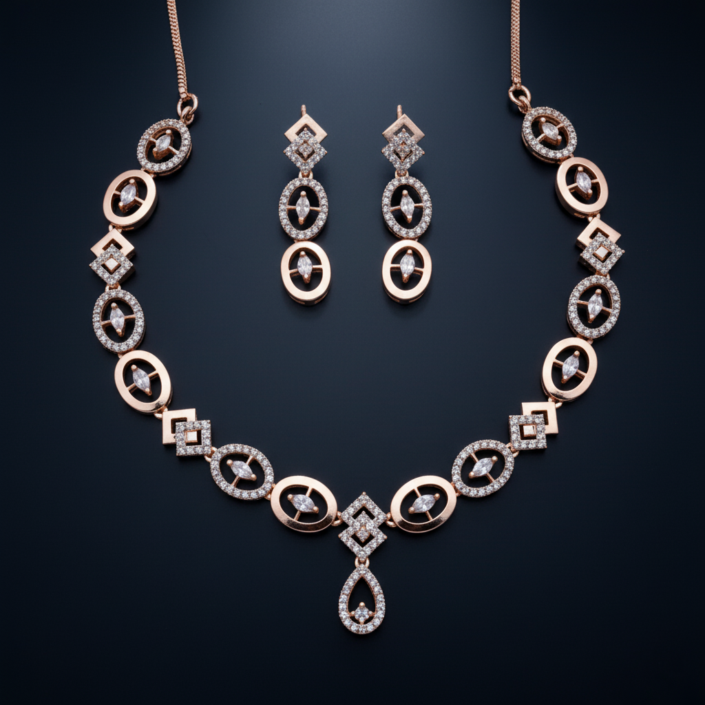 Modern Rose Gold Geometric AD Necklace Set