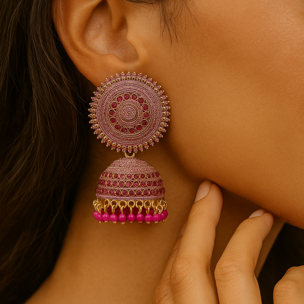 Vibrant Rani Pink Meenakari Jhumka Earrings