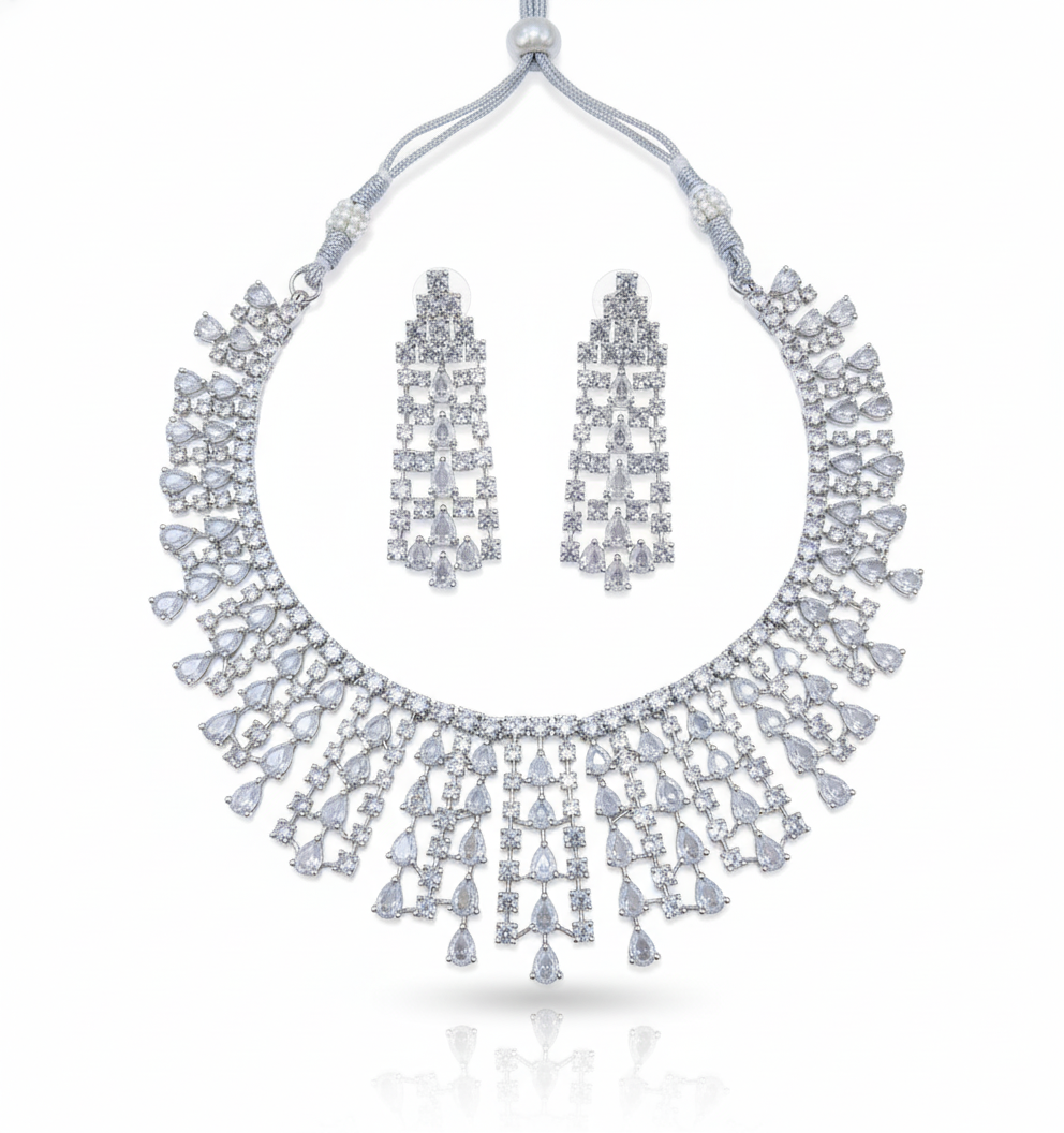 Grand Bridal Statement AD Diamond Necklace Set