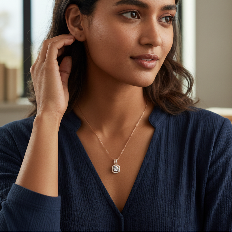 Rose Gold Square Halo Solitaire Diamond Necklace