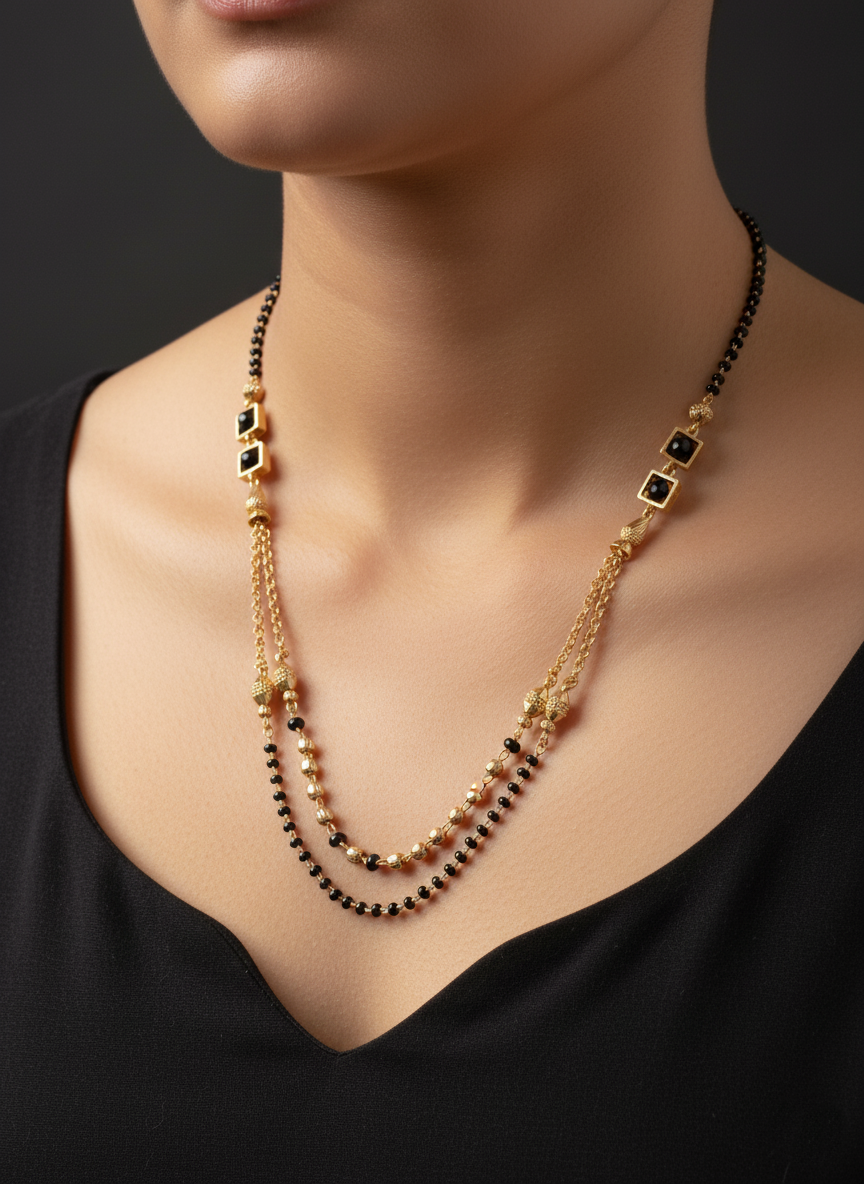 Modern Layered Double Strand Mangalsutra with Black Stones