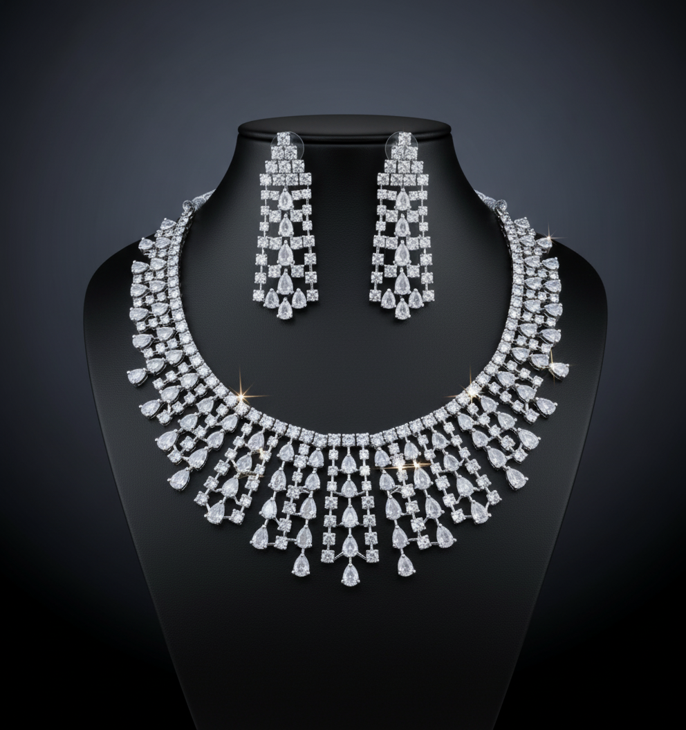 Grand Bridal Statement AD Diamond Necklace Set