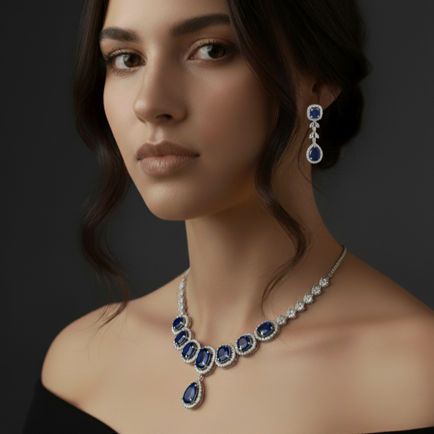 Premium Sapphire AD Diamond Halo Necklace Set