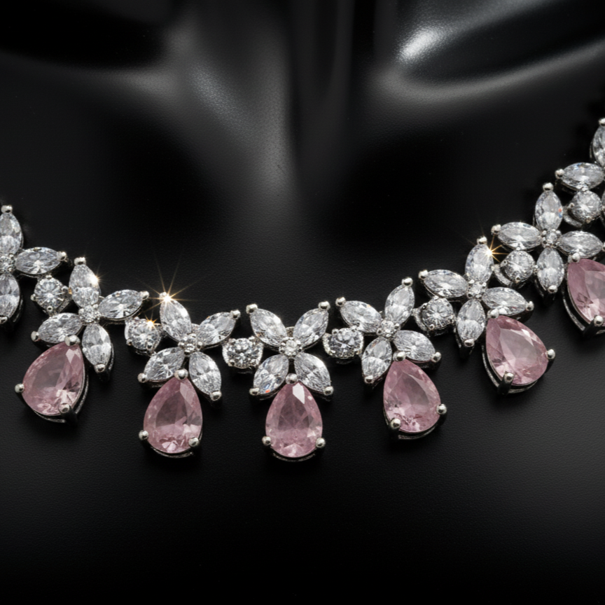 Elegant Pink Teardrop & Marquise AD Necklace Set