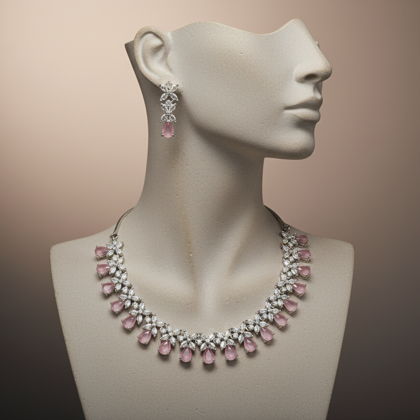 Elegant Pink Teardrop & Marquise AD Necklace Set