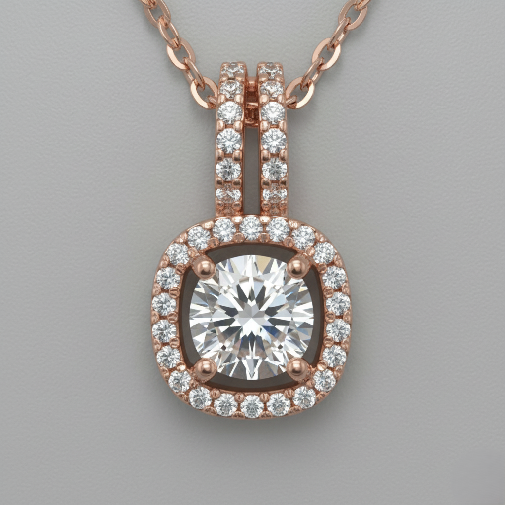 Rose Gold Square Halo Solitaire Diamond Necklace