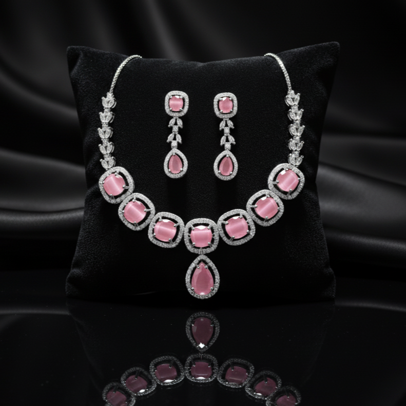 Premium Sapphire AD Diamond Halo Necklace Set