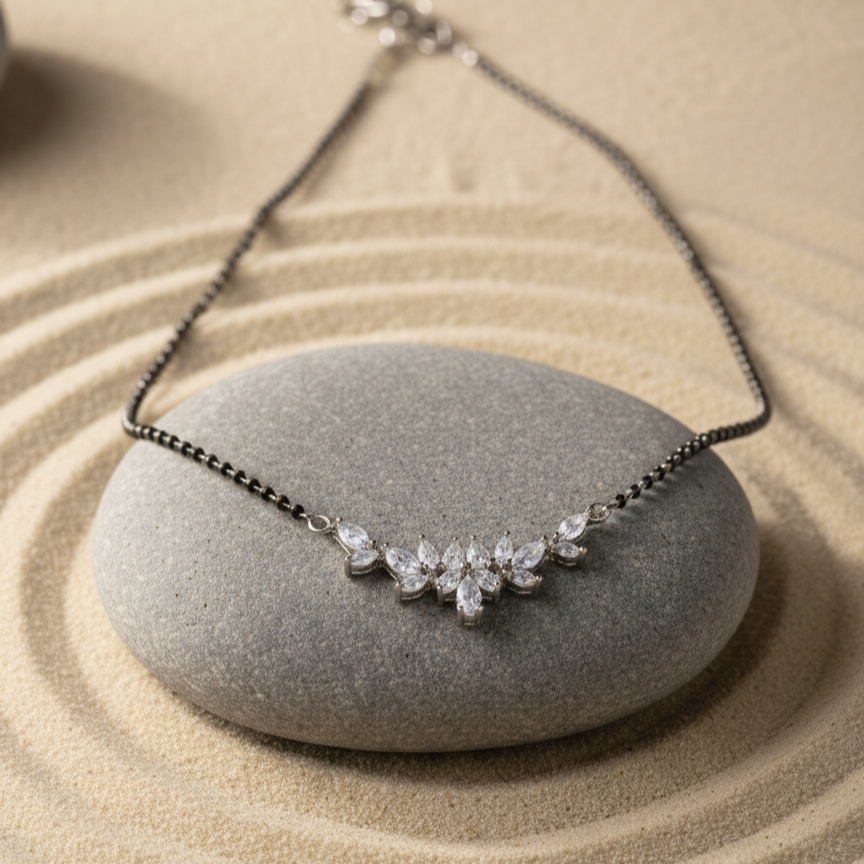 Rhodium Plated Marquise Cluster AD Mangalsutra