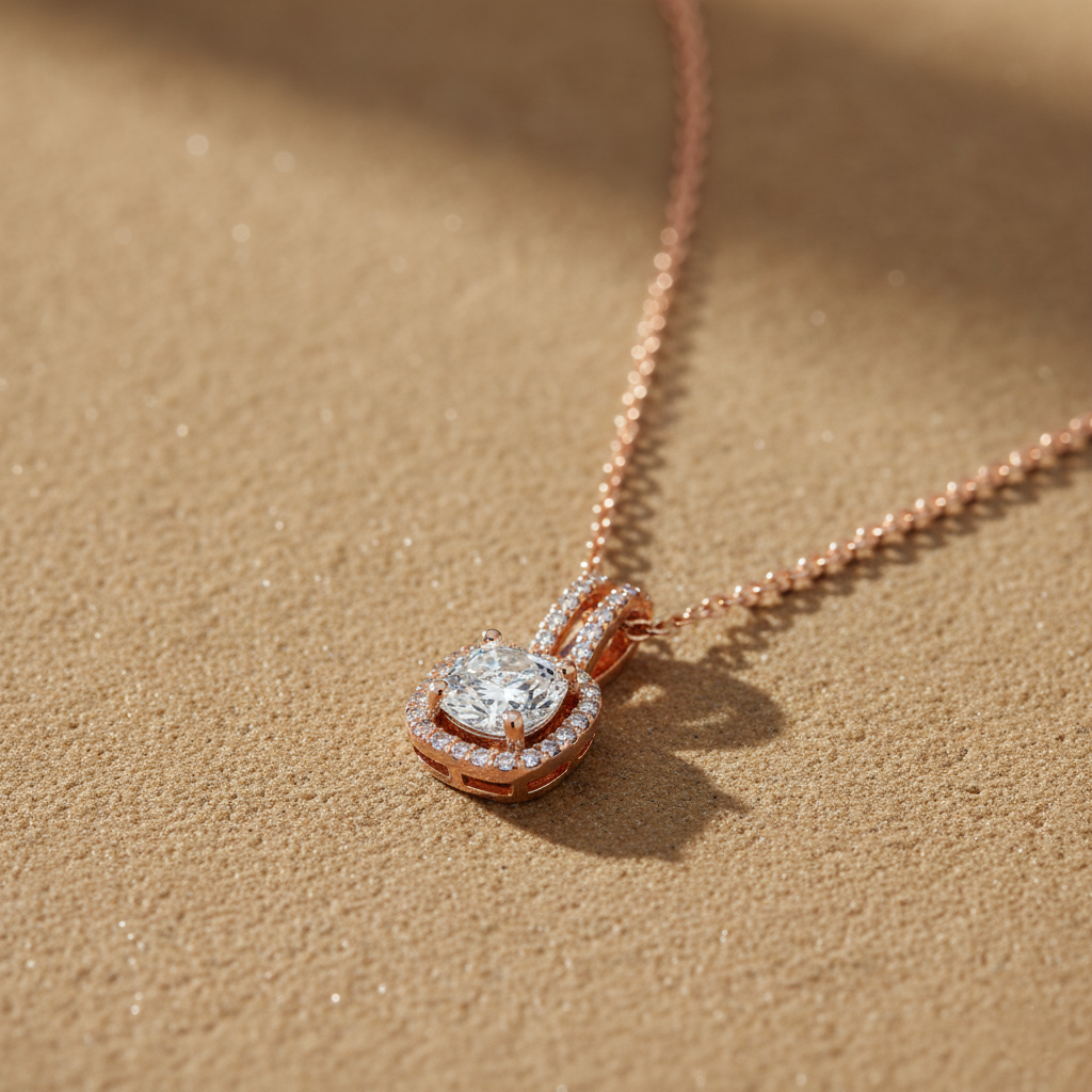 Rose Gold Square Halo Solitaire Diamond Necklace