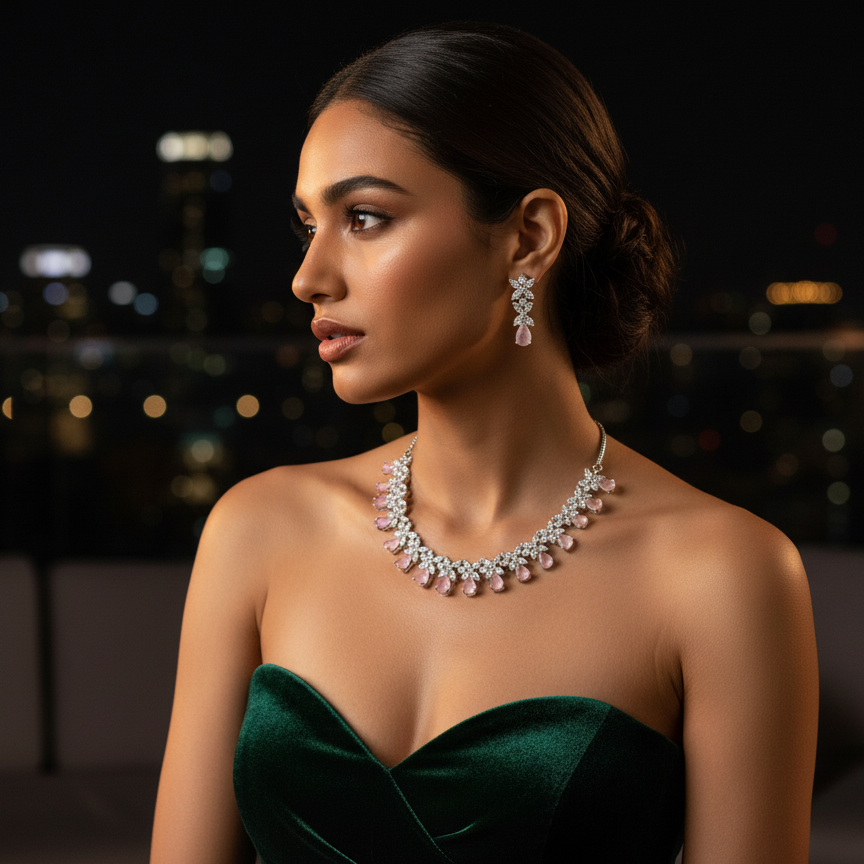 Elegant Pink Teardrop & Marquise AD Necklace Set