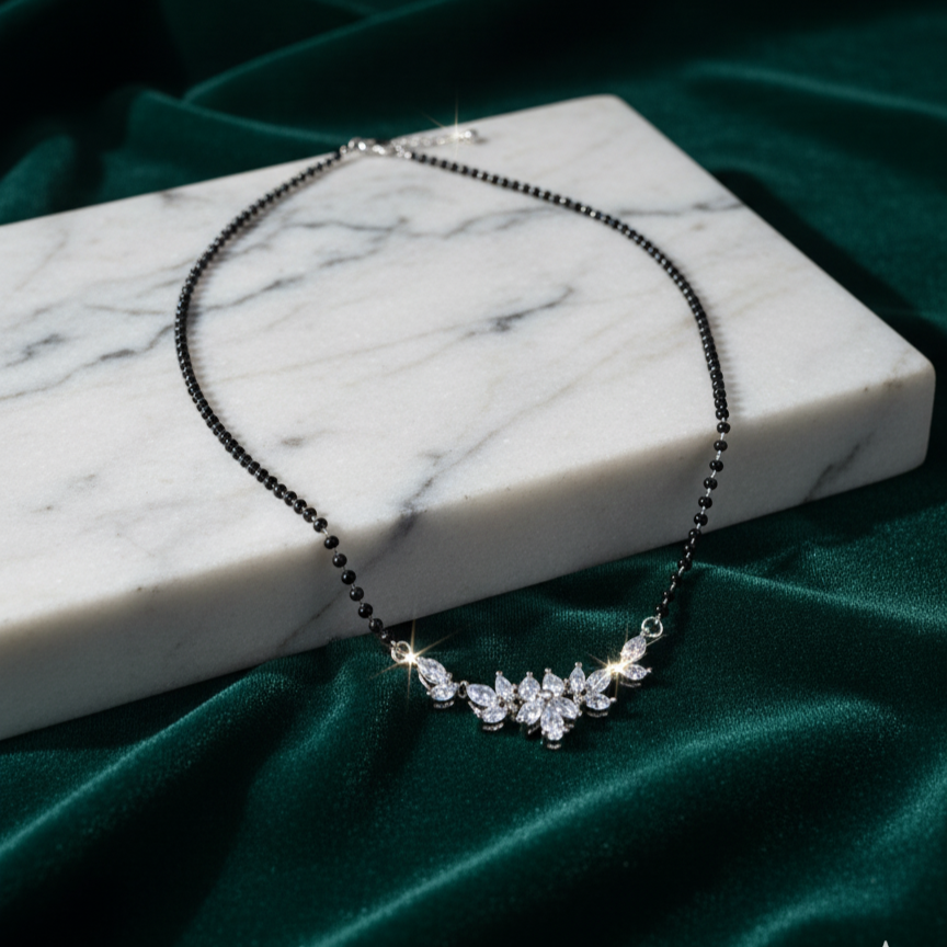 Rhodium Plated Marquise Cluster AD Mangalsutra