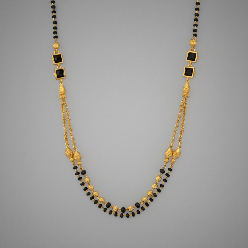 Modern Layered Double Strand Mangalsutra with Black Stones