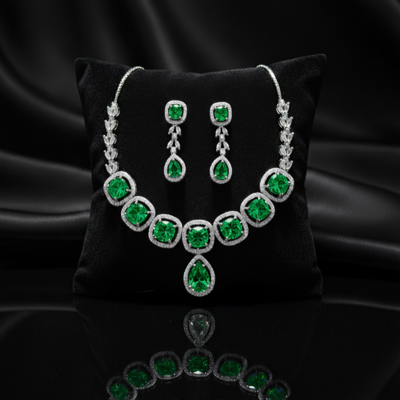 Premium Sapphire AD Diamond Halo Necklace Set