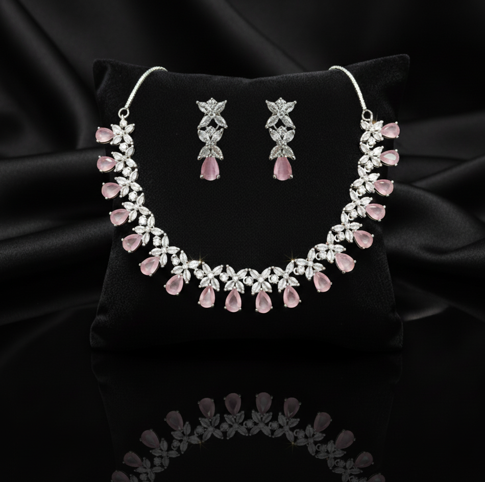 Elegant Pink Teardrop & Marquise AD Necklace Set