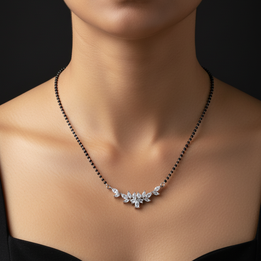 Rhodium Plated Marquise Cluster AD Mangalsutra