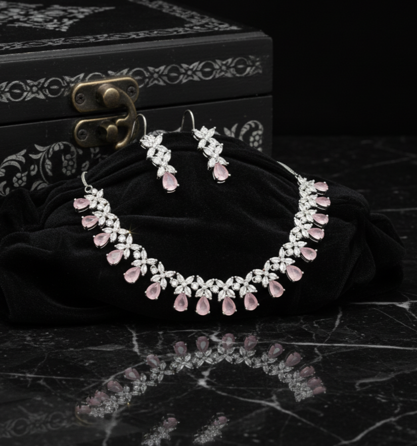 Elegant Pink Teardrop & Marquise AD Necklace Set