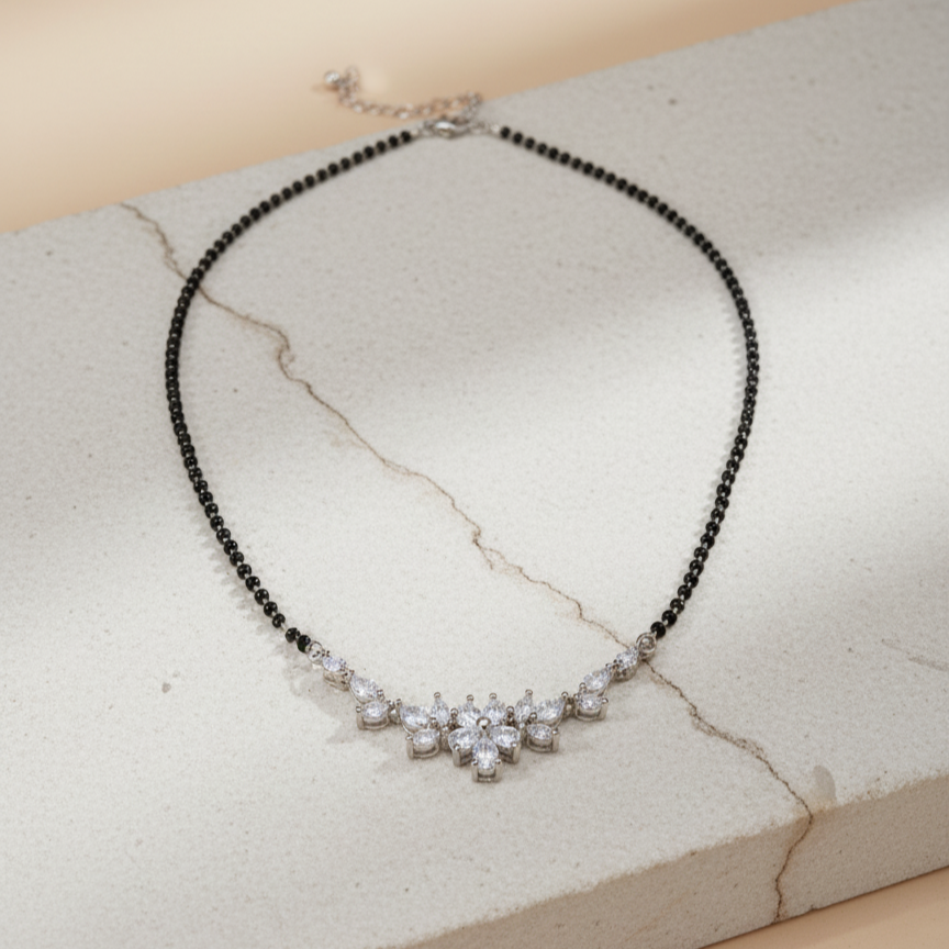 Rhodium Plated Marquise Cluster AD Mangalsutra