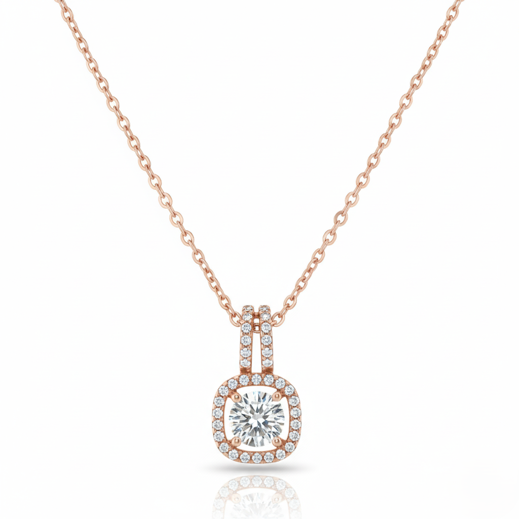 Rose Gold Square Halo Solitaire Diamond Necklace