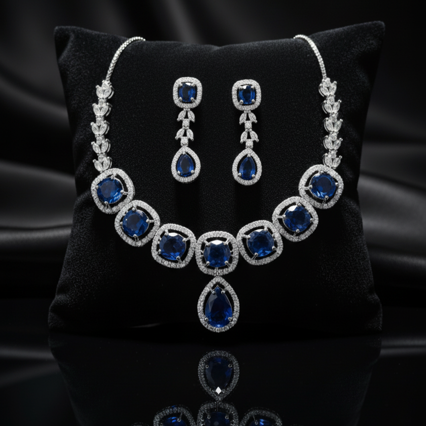 Premium Sapphire AD Diamond Halo Necklace Set