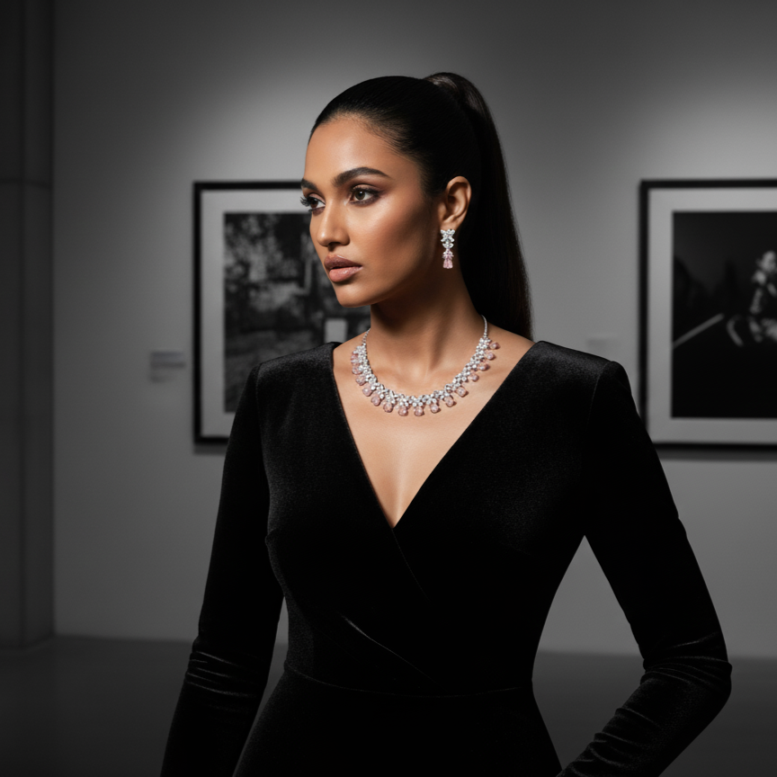 Elegant Pink Teardrop & Marquise AD Necklace Set