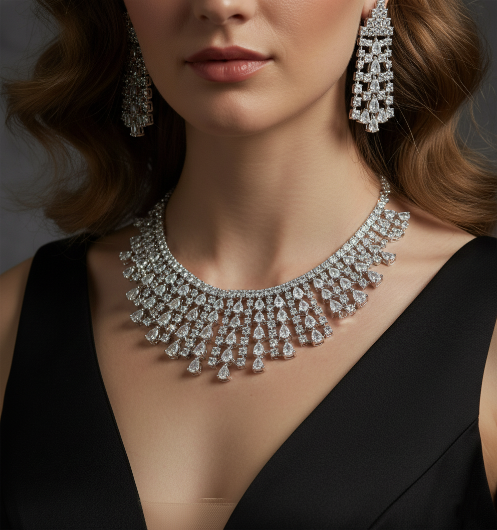 Grand Bridal Statement AD Diamond Necklace Set