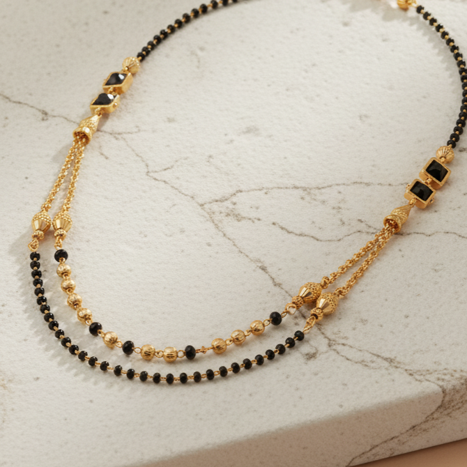 Modern Layered Double Strand Mangalsutra with Black Stones
