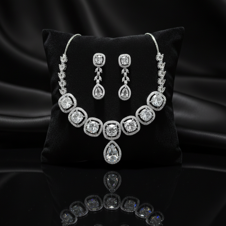 Premium Sapphire AD Diamond Halo Necklace Set