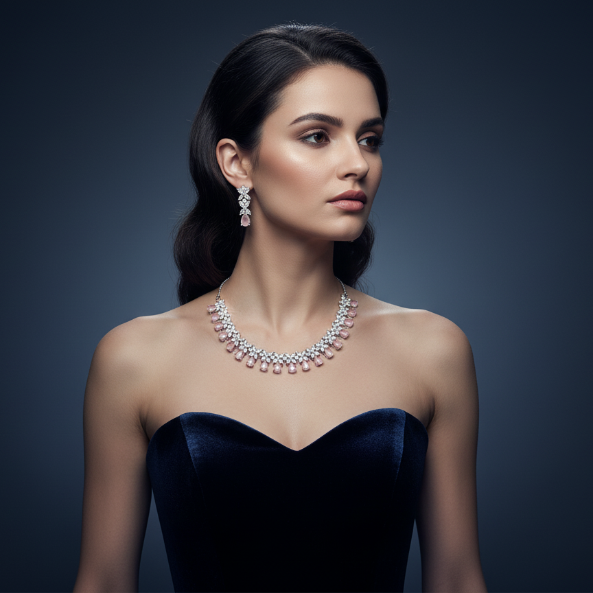 Elegant Pink Teardrop & Marquise AD Necklace Set