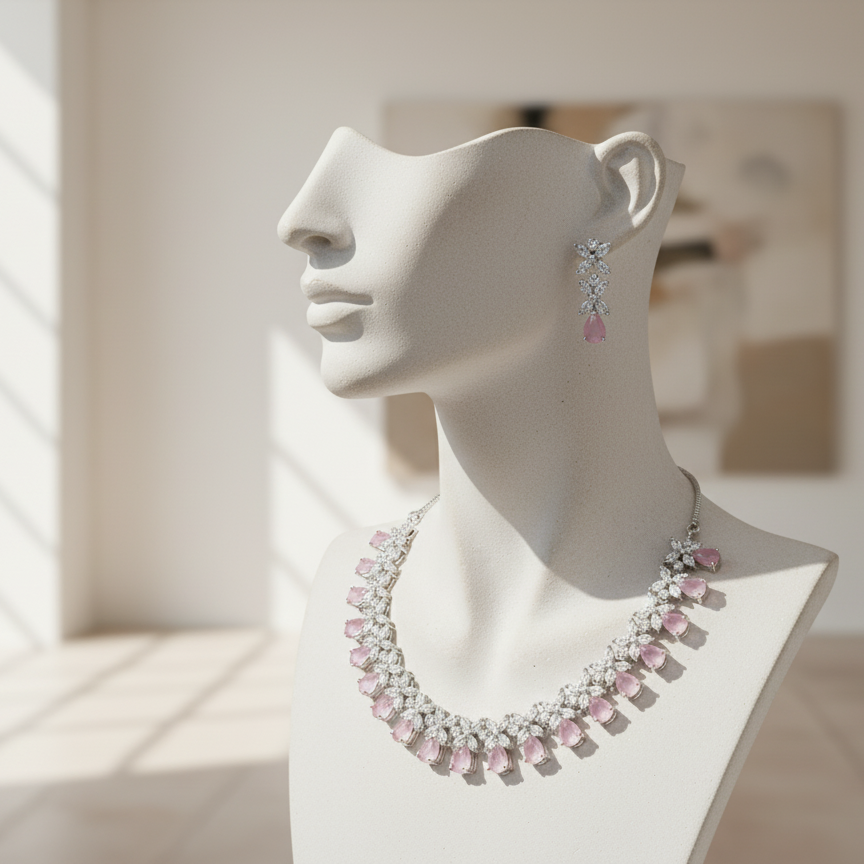Elegant Pink Teardrop & Marquise AD Necklace Set