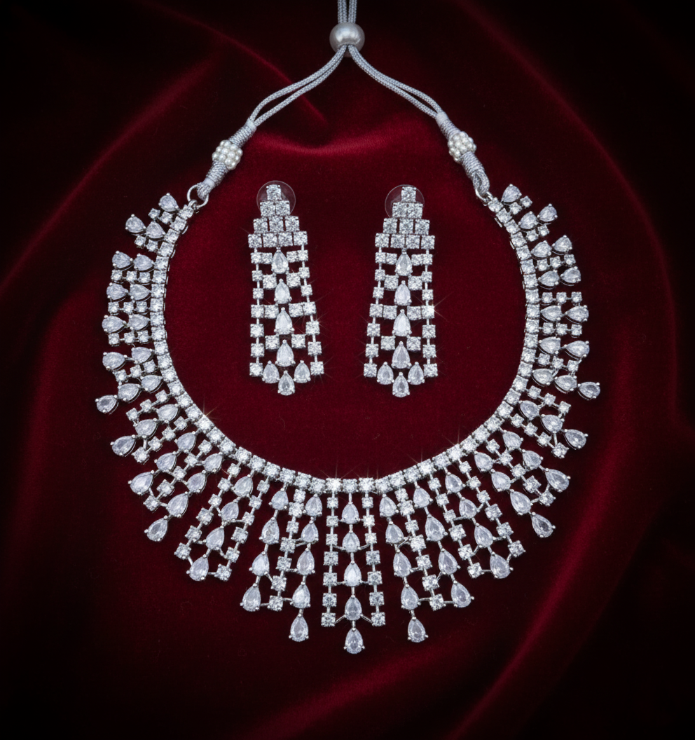 Grand Bridal Statement AD Diamond Necklace Set
