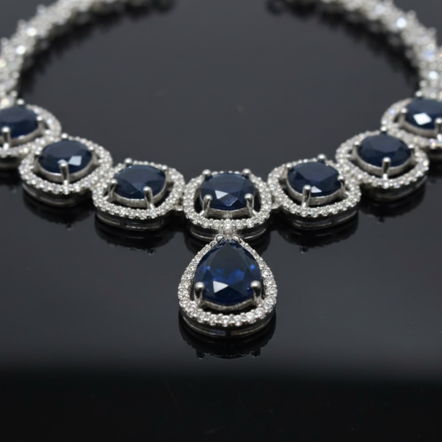 Premium Sapphire AD Diamond Halo Necklace Set
