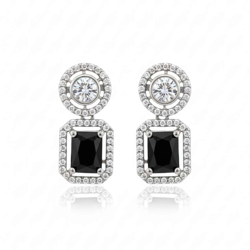 Elegant Black Emerald-Cut Halo AD Dangle Earrings