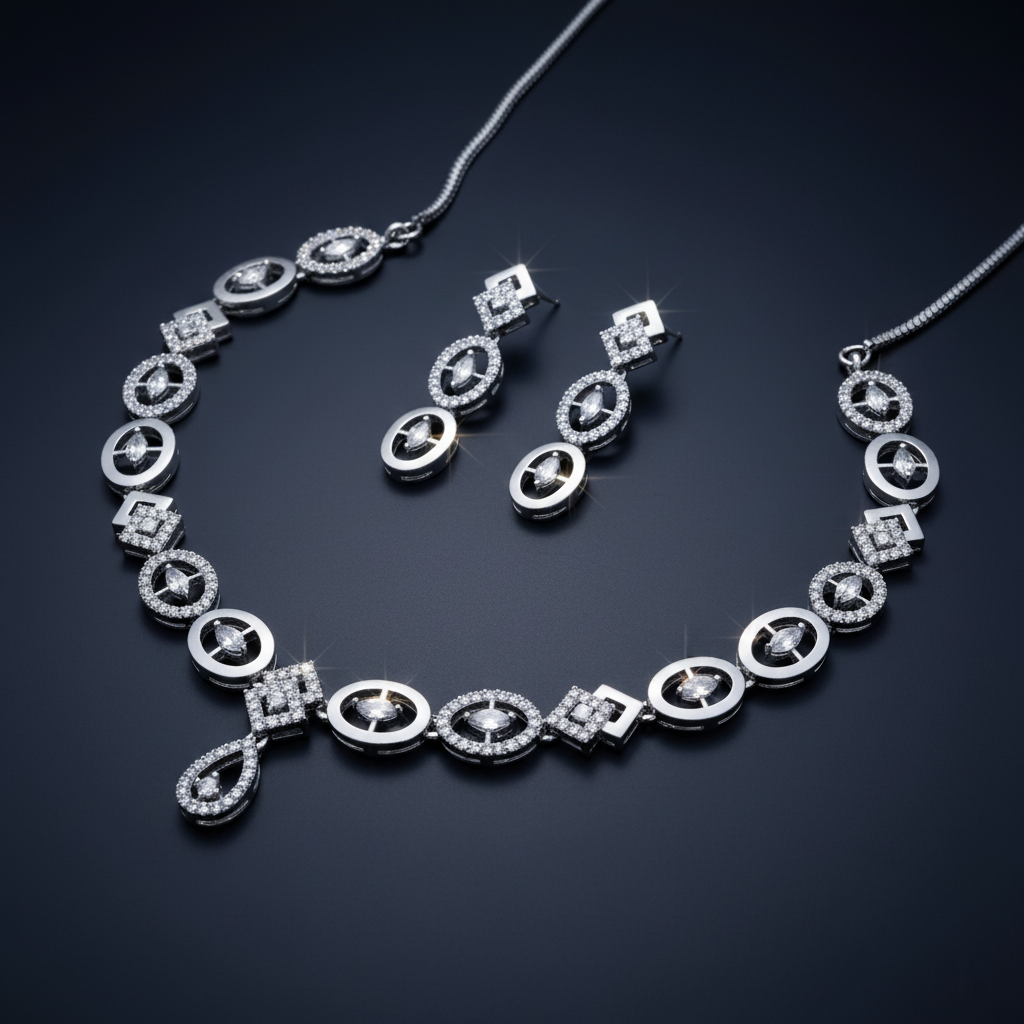 Modern Rhodium Plated Geometric AD Necklace Set