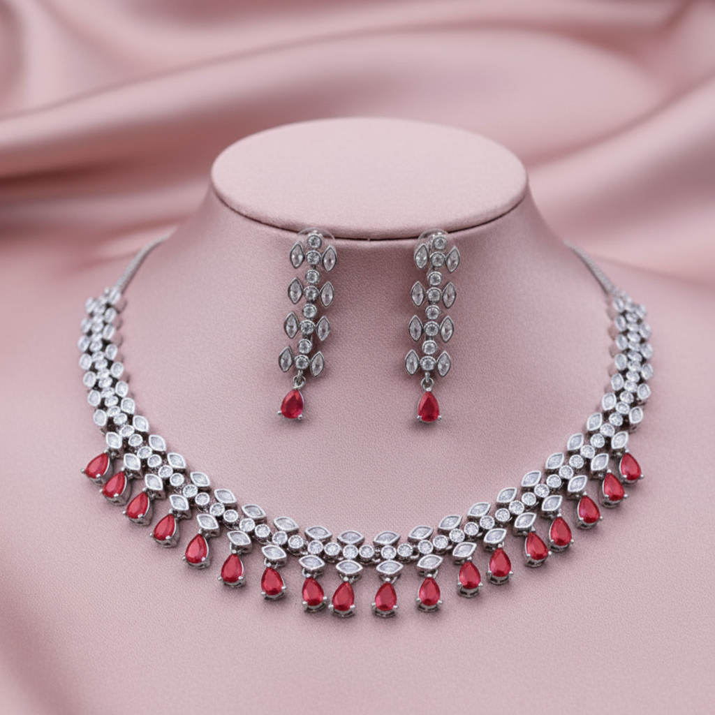 Elegant Marquise Leaf AD Gemstone Necklace Set