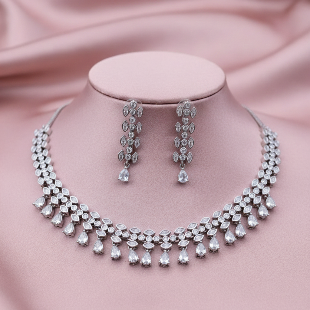 Elegant Marquise Leaf AD Gemstone Necklace Set