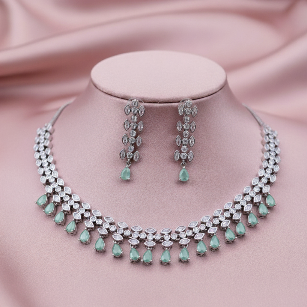 Elegant Marquise Leaf AD Gemstone Necklace Set