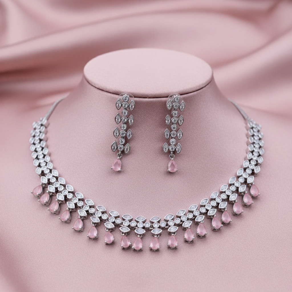 Elegant Marquise Leaf AD Gemstone Necklace Set