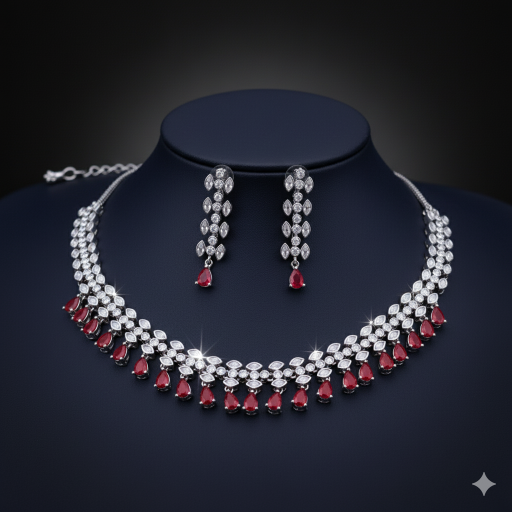 Elegant Marquise Leaf AD Gemstone Necklace Set