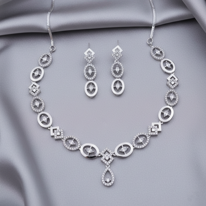 Modern Rhodium Plated Geometric AD Necklace Set