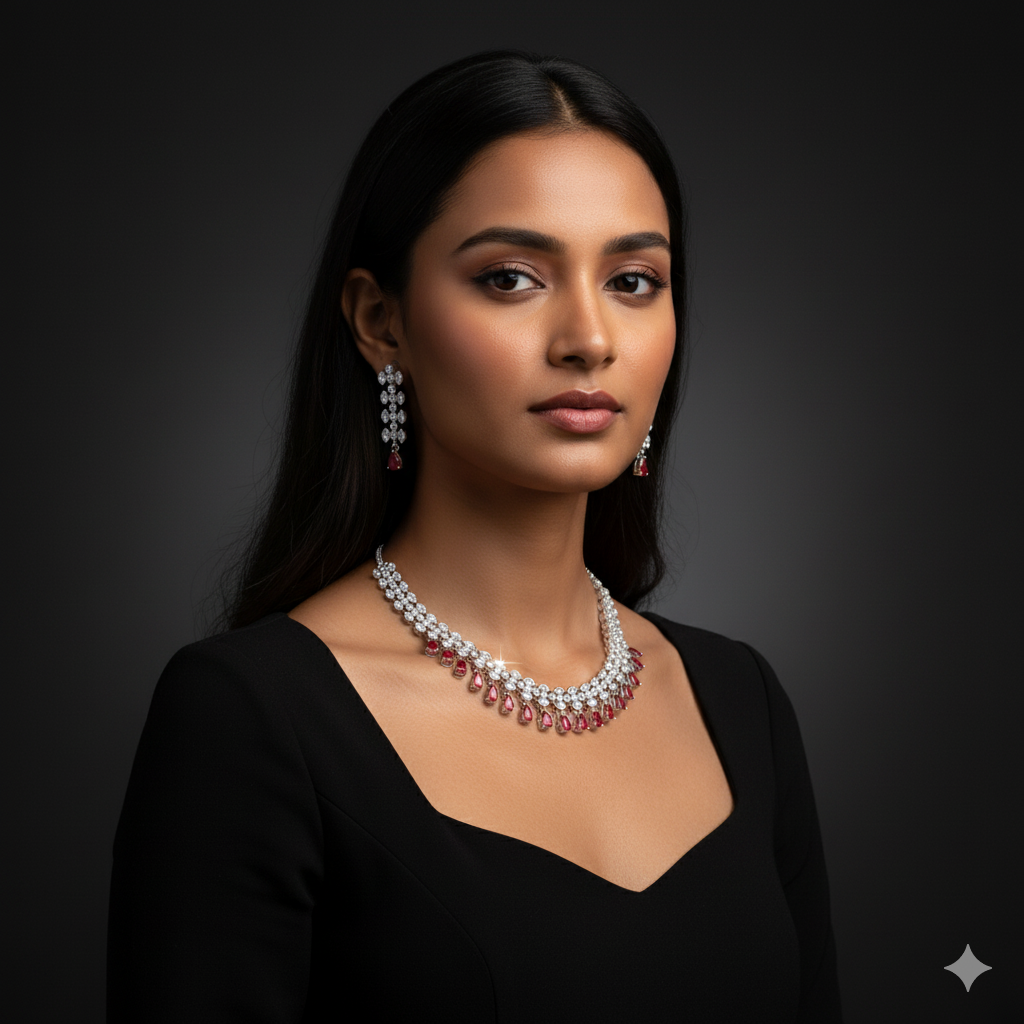 Elegant Marquise Leaf AD Gemstone Necklace Set