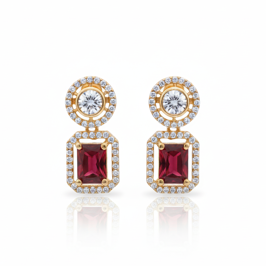 Royal Gold Plated Red Emerald-Cut Halo Dangle Earrings