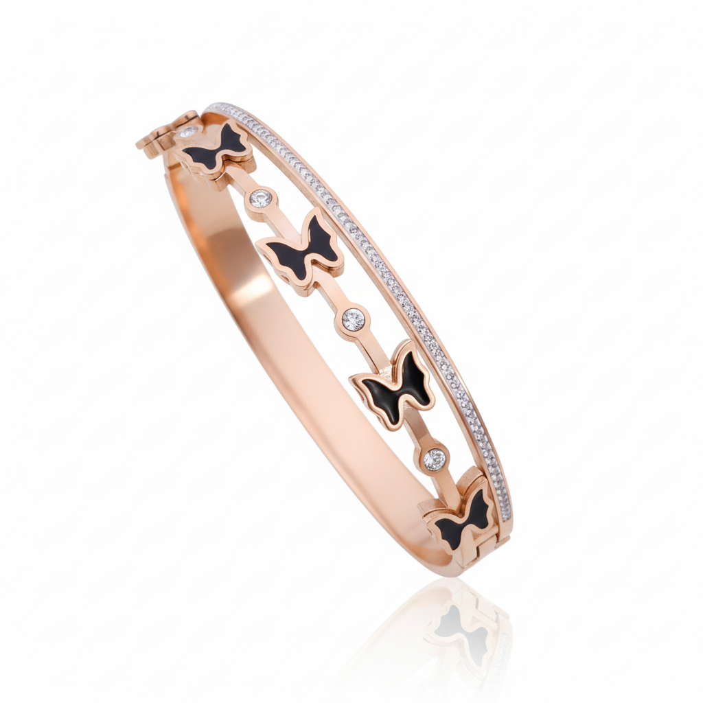 Stylish Rose Gold Black Butterfly AD Kada Bracelet