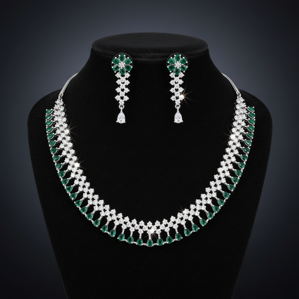 Classic American Diamond (AD) necklace set featuring an intricate lattice design with a fringe of pear-shaped gemstone drops, shown in emerald green. Available in multiple colors. Rhodium plated statement jewellery for weddings and parties.